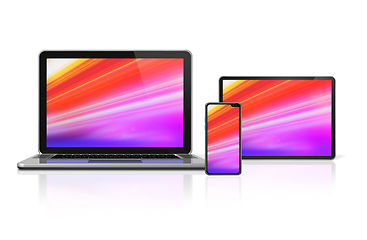 Image showing Laptop, tablet and phone set mockup isolated on white. 3D render