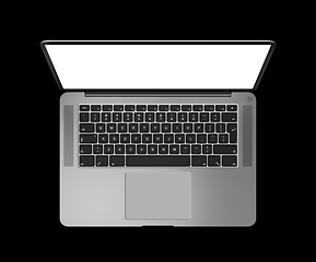 Image showing Open laptop top view with blank screen, isolated on black. Dark 