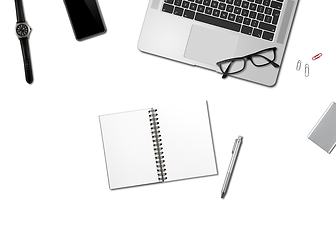 Image showing Office desk mockup top view isolated on white