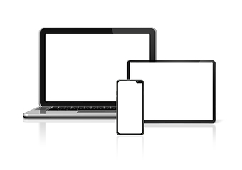 Image showing Laptop, tablet and phone set mockup isolated on white. 3D render