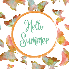 Image showing Hello summer. Watercolor banner with butterflies
