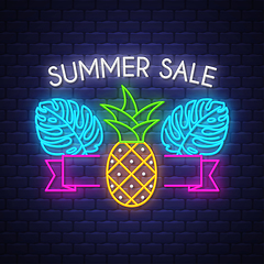 Image showing Summer sale banner. Neon sign lettering