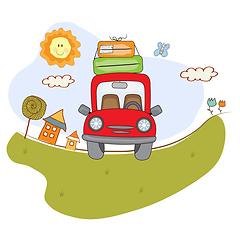 Image showing Red car with suitcases on the road. Summer holiday poster