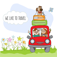 Image showing happy couple with their dog traveling with funny red car. Summer