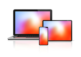 Image showing Laptop, tablet and phone set mockup isolated on white. 3D render