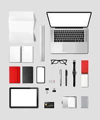 Image showing Office desk branding mockup top view isolated on grey