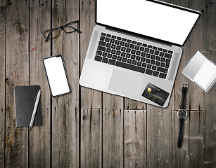 Image showing Wooden office desk mockup top view