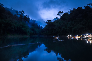 Image showing Floating village at night, Cheow Lan Lake, Khao Sok, Thailand