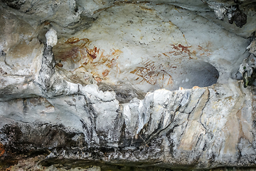 Image showing Prehistoric paintings in a cave, Phang Nga Bay, Thailand