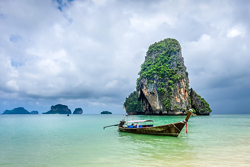 Image showing Long tail boat on Phra Nang Beach, Krabi, Thailand