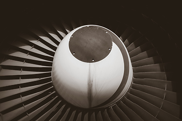 Image showing Airplane engine detail. Black and white picture