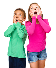 Image showing Little girl and boy are holding their faces