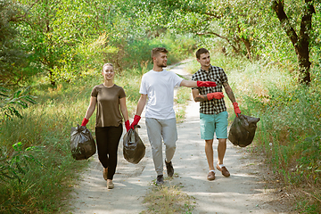 Image showing Group of volunteers tidying up rubbish on beach