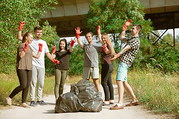 Image showing Group of volunteers tidying up rubbish on beach