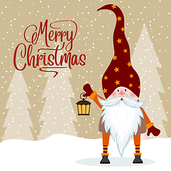 Image showing Gnome and his lantern. Christmas card. Flat design.