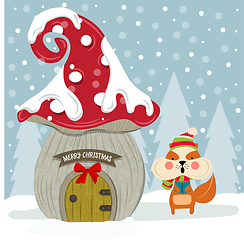 Image showing Christmas card with cute squirrel and fairy house. Flat design. 