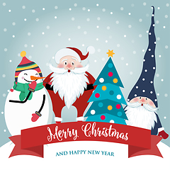 Image showing Christmas card with cute Santa, gnome and snowman. Flat design. 