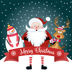 Image showing Christmas card with cute Santa, snowman and reindeer. Flat desig