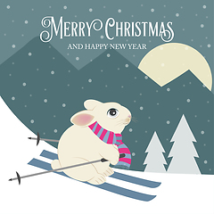 Image showing Beautiful retro Christmas card with rabbit skier. Flat design. V