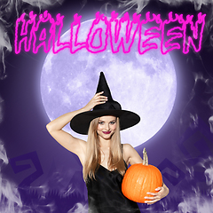 Image showing Young woman in hat as a witch on purple background