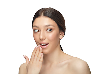 Image showing Portrait of beautiful young woman isolated on white studio background