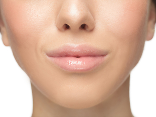 Image showing Close up shot of well-kept female big lips and cheeks on white studio background