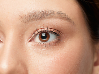 Image showing Close up shot of well-kept female big eyes and cheeks on white studio background