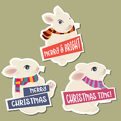 Image showing Christmas stickers collection with rabbits and wishes. Flat desi