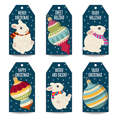 Image showing Christmas labels collection with Christmas balls, and rabbits  i