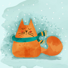 Image showing Cute watercolor cat in winter. Christmas card. Vector