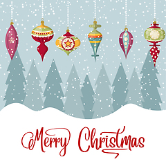 Image showing Christmas card with balls and wishes. Christmas background. Flat