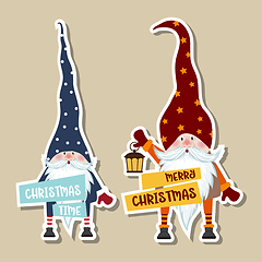 Image showing Christmas stickers collection with cute gnomes and wishes. 