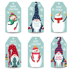 Image showing Christmas labels collection with snowman and gnomes isolated ite