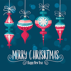 Image showing Christmas card with  balls . Christmas background. Flat design. 