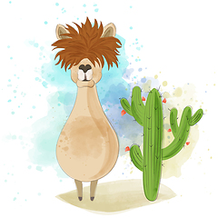 Image showing Watercolor funny llama near a cactus