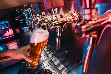 Image showing Hand of bartender pouring a large lager beer in tap