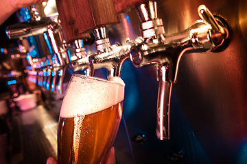 Image showing Bartender pouring a large lager beer in tap