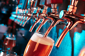 Image showing Hand of bartender pouring a large lager beer in tap