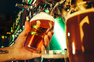 Image showing Hand of bartender pouring a large lager beer in tap