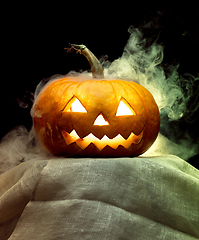 Image showing Halloween pumpkin head jack lantern with scary evil face