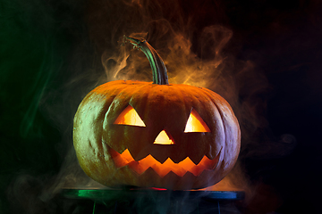 Image showing Halloween pumpkin head jack lantern with scary evil face