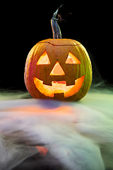Image showing Halloween pumpkin head jack lantern with scary evil face