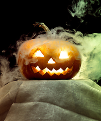 Image showing Halloween pumpkin head jack lantern with scary evil face