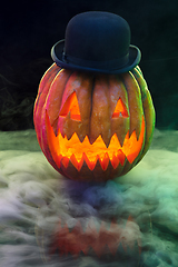 Image showing Halloween pumpkin head jack lantern with scary evil face