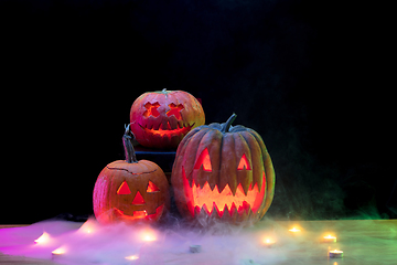 Image showing Halloween pumpkin head jack lantern with scary evil faces