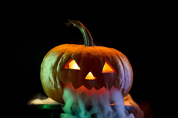 Image showing Halloween pumpkin head jack lantern with scary evil face