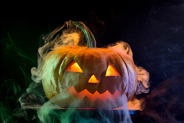 Image showing Halloween pumpkin head jack lantern with scary evil face