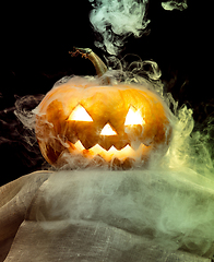 Image showing Halloween pumpkin head jack lantern with scary evil face