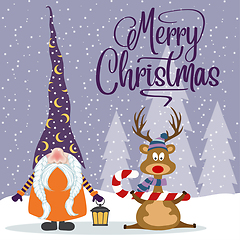 Image showing Flat design Christmas card with happy gnome and reindeer. Christ