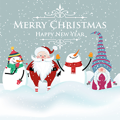 Image showing Joyful flat design Christmas card with snowman , Santa and gnome